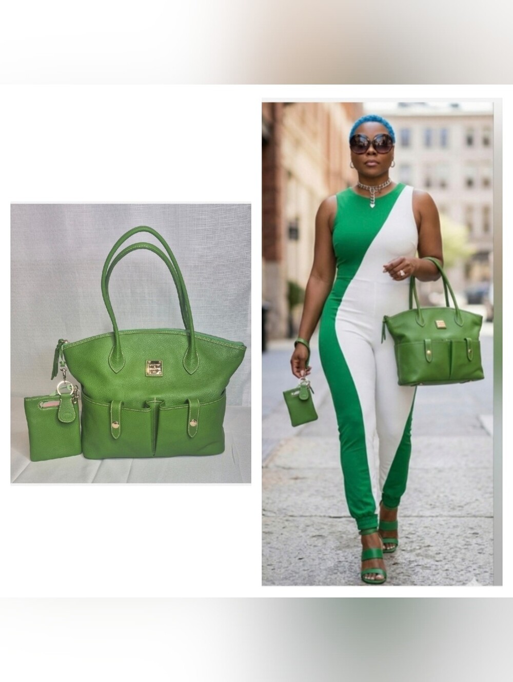 Dooney & Bourke Green Pebble Leather Crescent Tote with Pouch & Key Fob 💚 COA